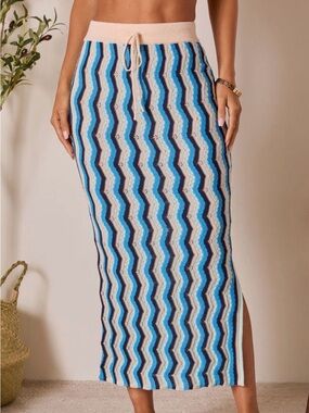 NWOT Blue Stripe Maxi Knit Skirt with Drawstring Waist